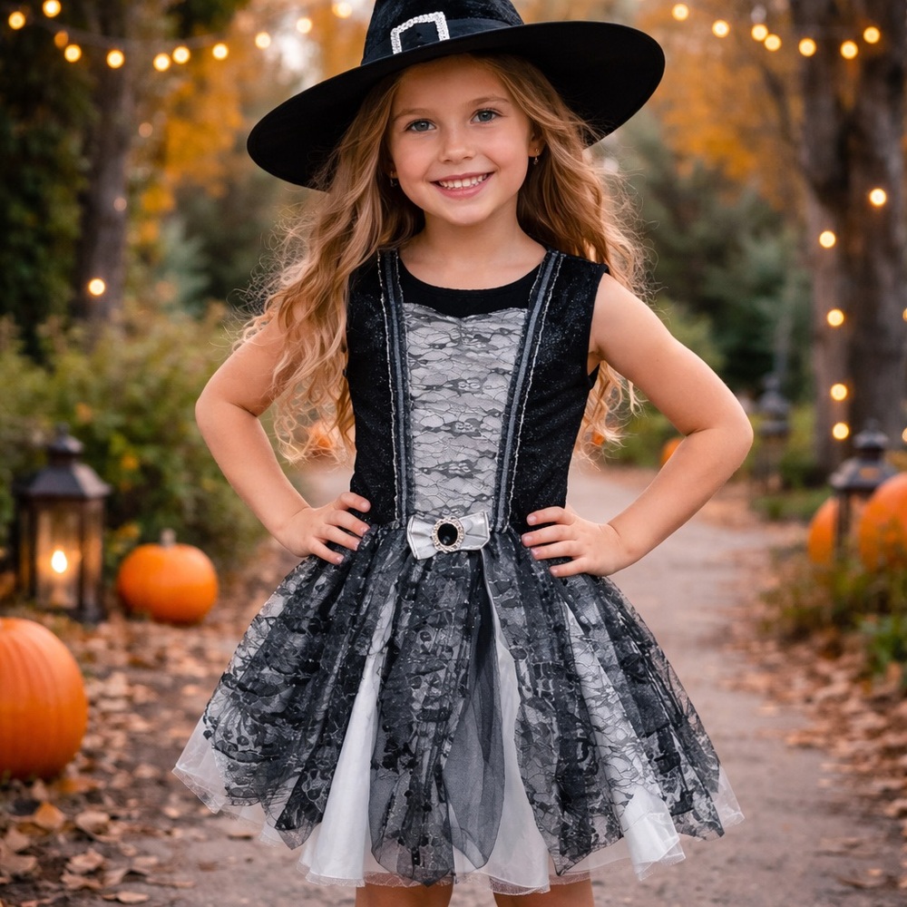 Spirit Halloween Dress Girls Large Black Silver Lace Costume Party Witch‎
